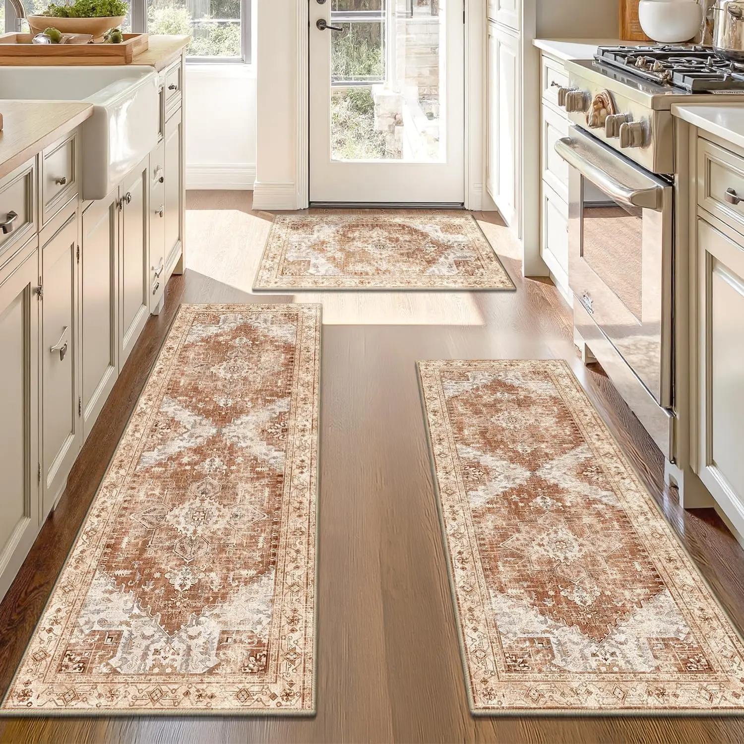 Boho Floral Print Runner Rugs Set of 3 - Washable, Non-Slip Rubber/Poly Backing, Waterproof, Stain Resistant Home Decor for Hallways, Kitchen, Laundry