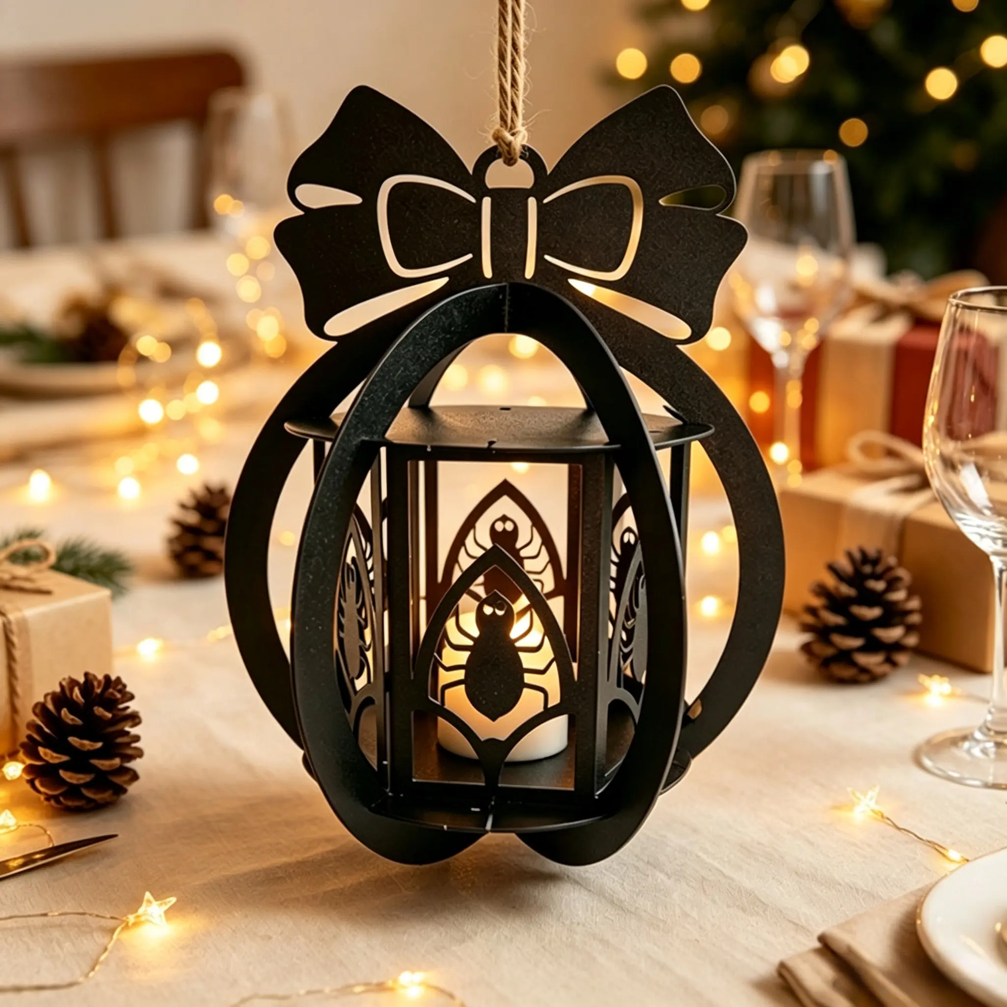 Metal Bow‑knot Christmas Lantern Set Night Light, Iron Candlestick Table Lantern, Home Decor Ornament