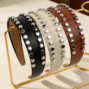 Studded Leather Headbands for Women, Punk Metal Rivet Hair Hoops, Vintage Wide Hair Accessories for Daily Streetwear and Party,cords for graduation,beach essentials