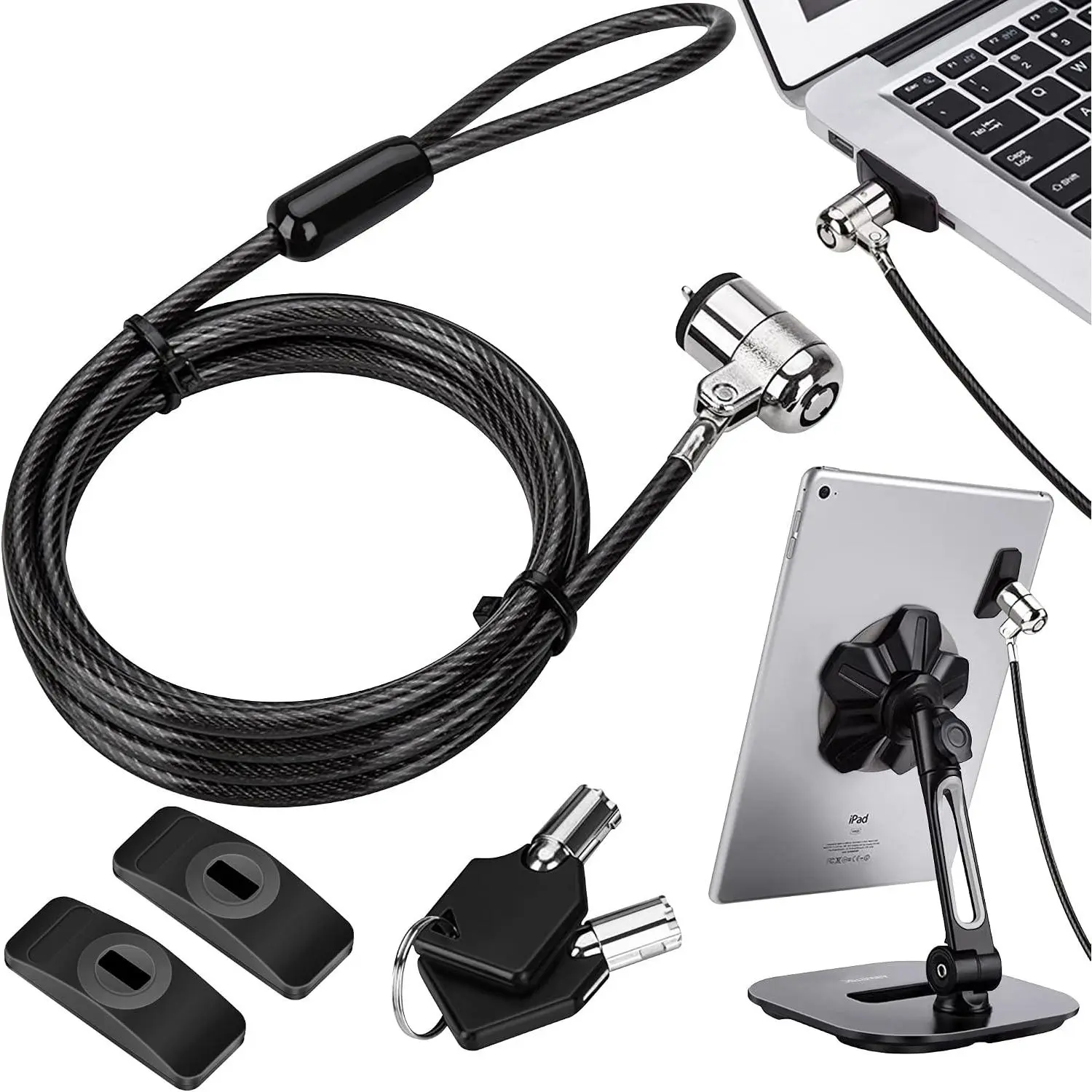 Laptop lock, tablet lock, security cable lock, sturdy steel iPad locking kit with 2 keys, with adhesive anchors, suitable for iPhone, mobile laptops, computer monitors, and laptop anti-theft hardware protection