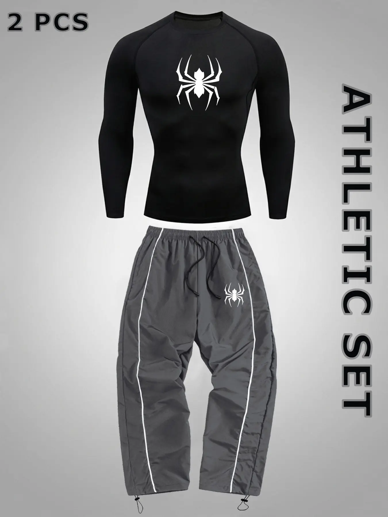 Spider Print Sporty 2-Piece Set for Men, Spring Fall Workout Running Sportswear, Athletic Outfits, Crew Neck Long Sleeve Compression Raglan Sleeve Shirt + Athleisure Elastic Waist Sweatpants with Adjustable Cuffs Side Stripes