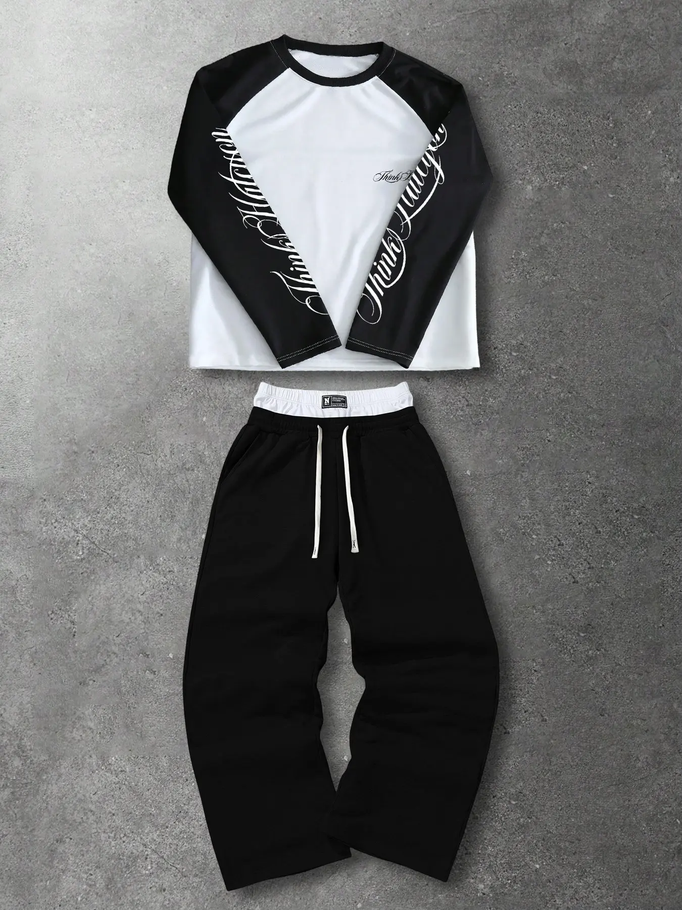Viral Y2K Streetwear Two Piece Matching Set Spliced Raglan Long Sleeve Crew Neck Top With Chest Mini Graphic & Sleeve Script Print Soft Quick Dry Anti-Pilling Easy Care Athleisure Tracksuit Drawstring Waist Pants For Weekend Shopping Gym Workout Road Trip