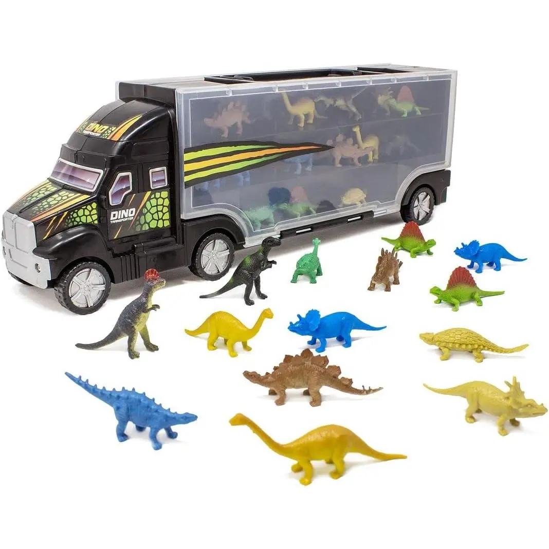 14-Piece 16" Dinosaur Transport Toy Set - Miniature Dino Figures, Semi Truck Trailer Toy with Collapsing Handle, Plastic