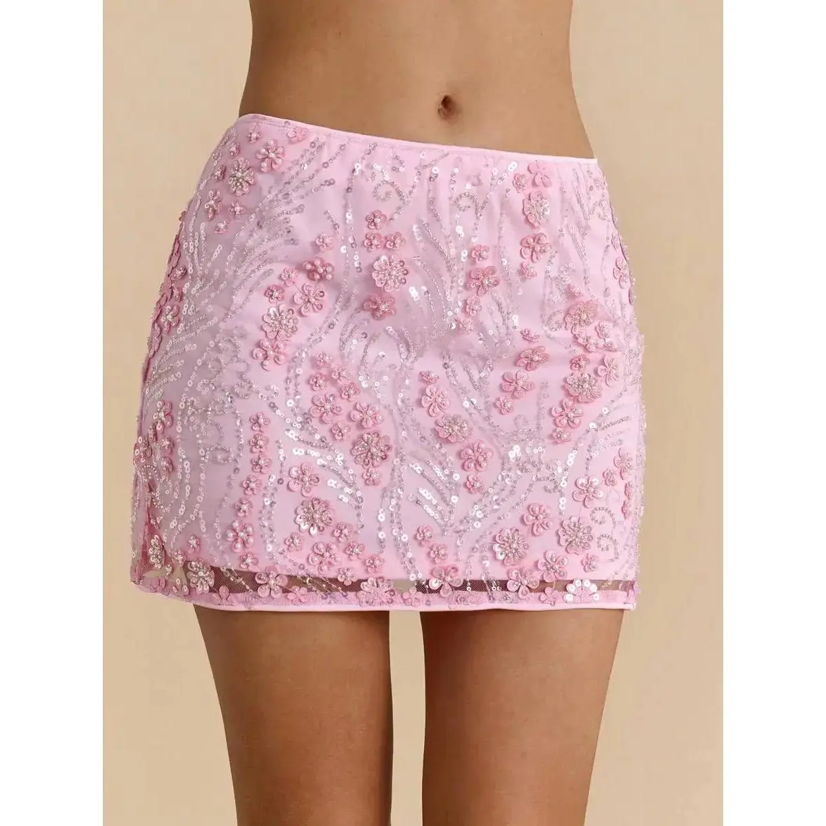 Pink Textured Sequin Spaghetti Strap Long Low Waist Skirt, Vacation Beach Skirt; Floral Print Beaded Sequin Embellished Skirt, Pink Skirt