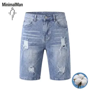 Men's Light Wash Cotton Distressed Ripped Denim Shorts, Frayed Destroyed Knee Length Casual Bermuda Jean Shorts