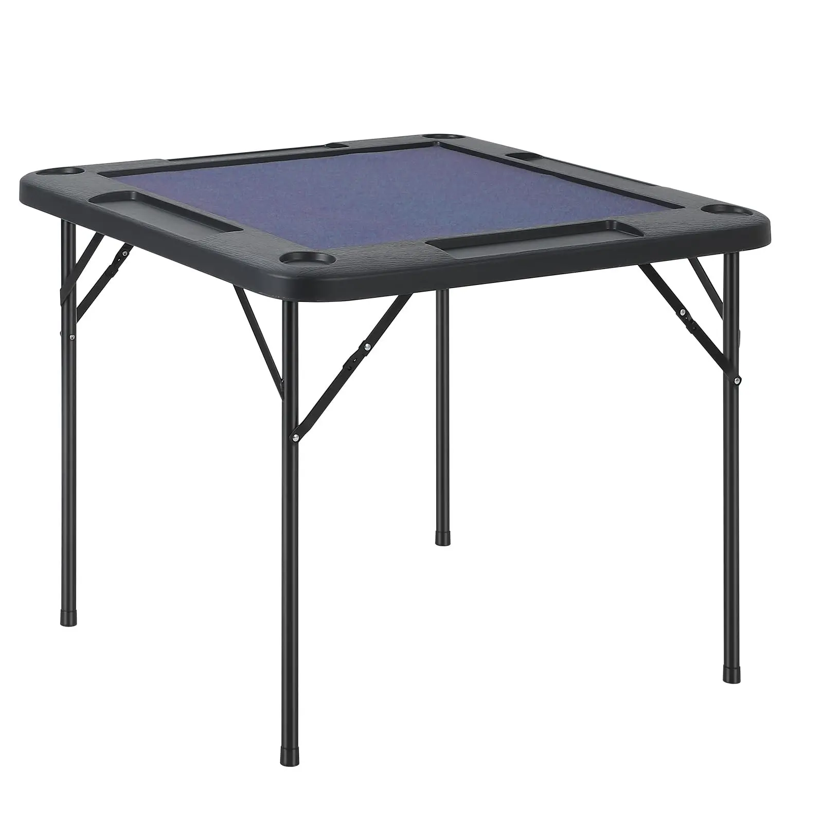 90cm Square Folding Mahjong Table for 4 Players, Portable Multi‑Game Desk with Blue Felt Surface, Built‑in Cup Holders and Chip Trays, Foldable Game Table for Mahjong, Poker, Dominoes and Jigsaw Puzzles for Home Game Night