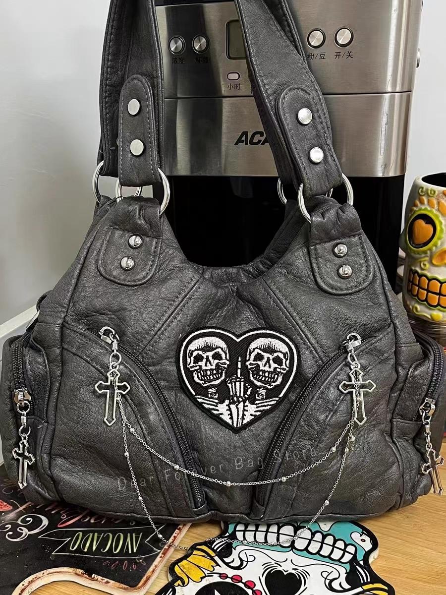 Women's Y2K Vintage Motorcycle Shoulder Bag Fashion Soft PU Chains Multiple Pockets Tote Bags Moto Style Messenger Crossbody Bag