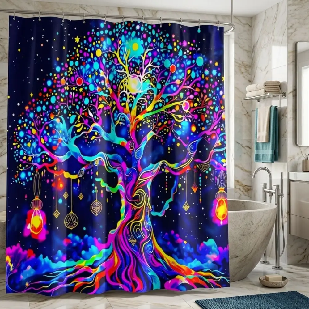 Psychedelic Neon Tree Shower Curtain, Cosmic Navy Background with Glowing Orbs & Lanterns, Magical Dreamlike Bathroom Decor for Halloween, Christmas, or Fantasy Themed Parties