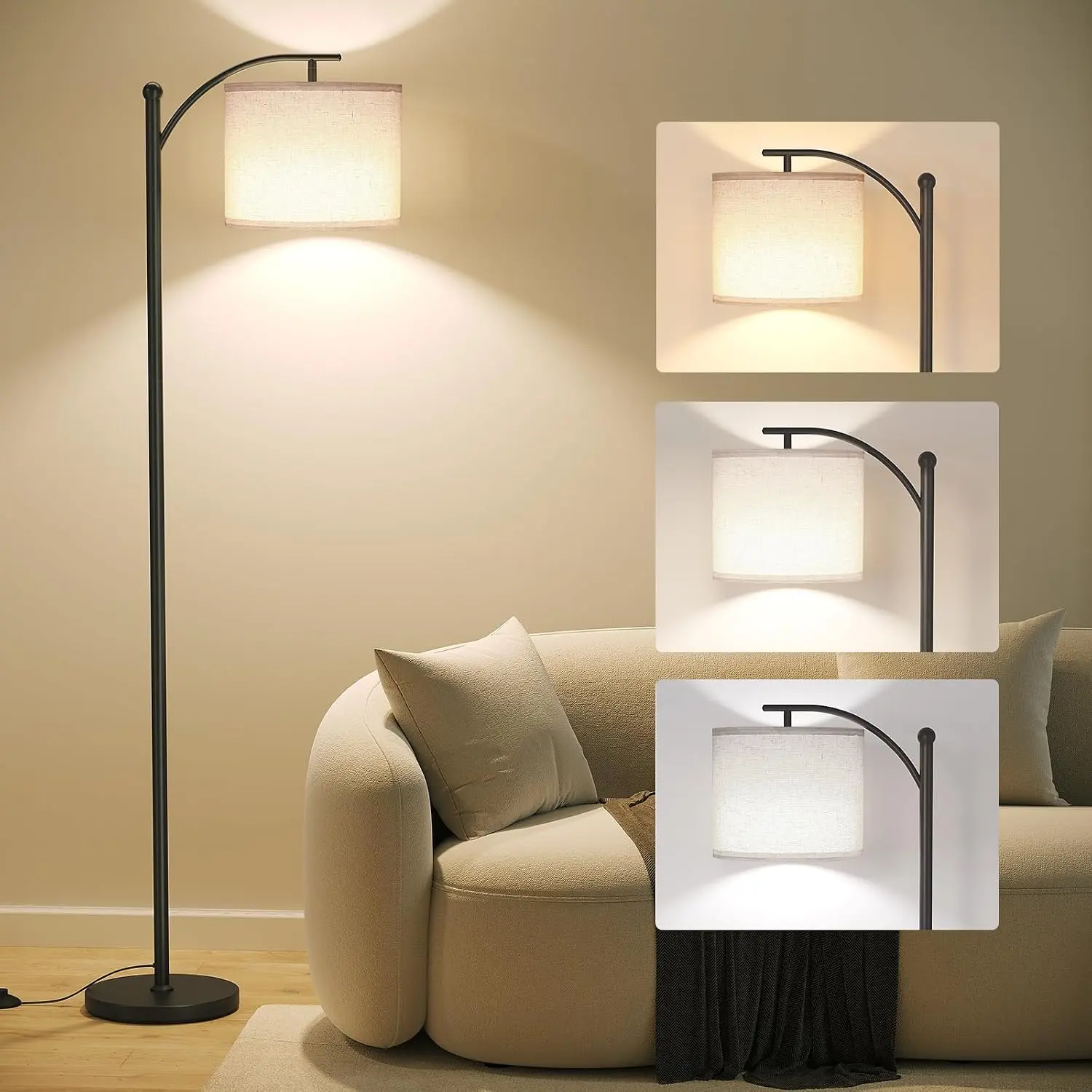 Arc Floor Lamp,Modern Floor Lamp with 3 Color Temperatures Bulb,Metal Standing Lamps with Adjustable Hanging Lampshade,Tall Floor Lamps for Living Room (Black)