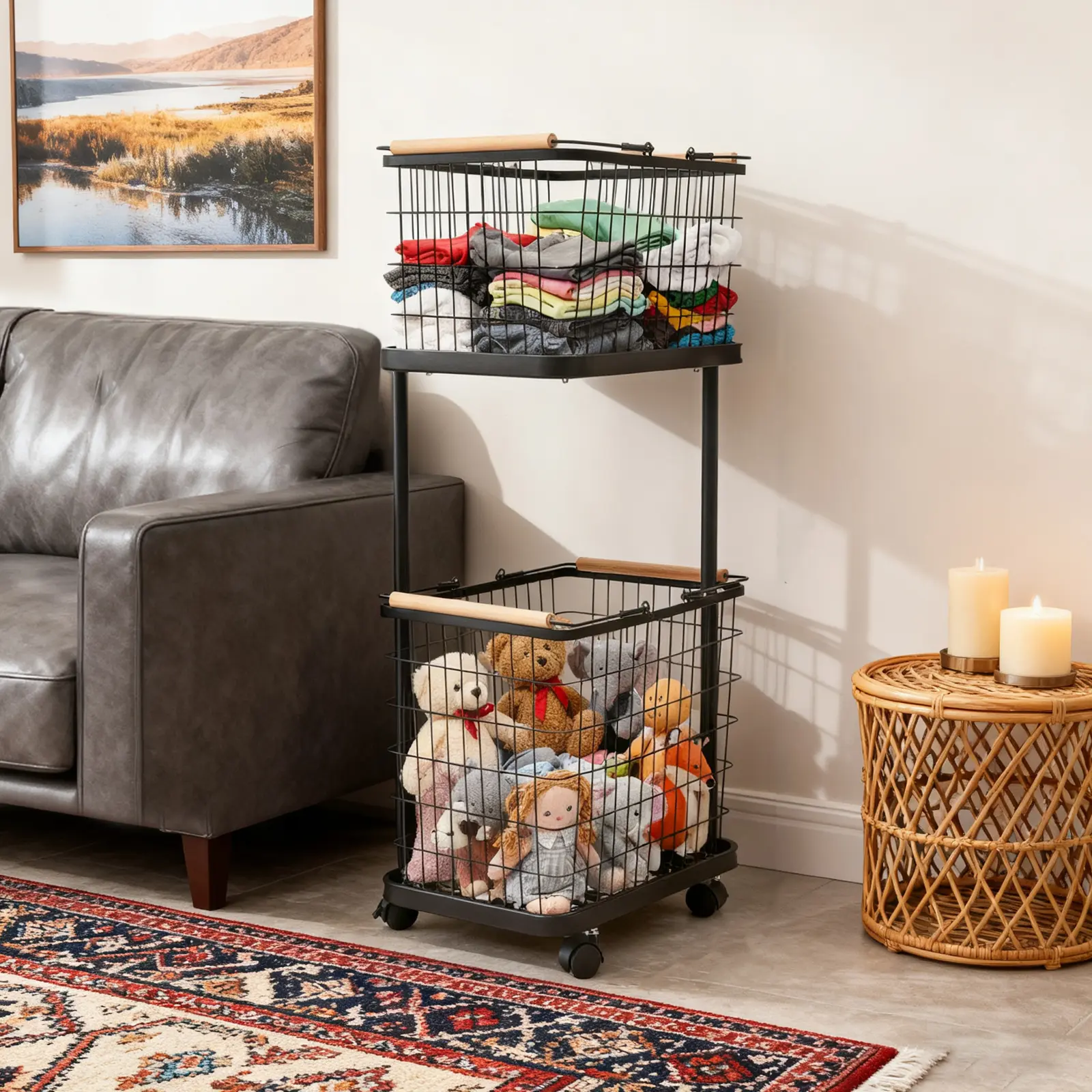 2-Tier Rustproof Modern Rectangular Floor-Mount Rolling Laundry Storage Basket with Brake Wheels, Spray-Molded Home Laundry Organizer for Multi-Room Use, Rolling Basket, Two-Tier