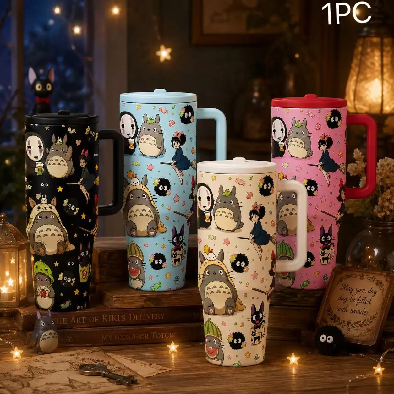 1pc Studio Ghibli Anime Collage 40oz With Handle Lid Straw, My Neighbor Totoro Kiki's Delivery Service No-Face Soot Sprite Print Insulated Tumblers Stainless Steel Travel Cup, Leakproof Coffee Mug Gift For Anime Fans Car Office Daily Use