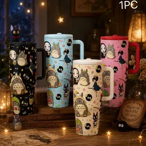 1pc Studio Ghibli Anime Collage 40oz Tumbler With Handle Lid Straw, My Neighbor Totoro Kiki's Delivery Service No-Face Soot Sprite Print Insulated Stainless Steel Travel Cup, Leakproof Coffee Mug Gift For Anime Fans Car Office Daily Use