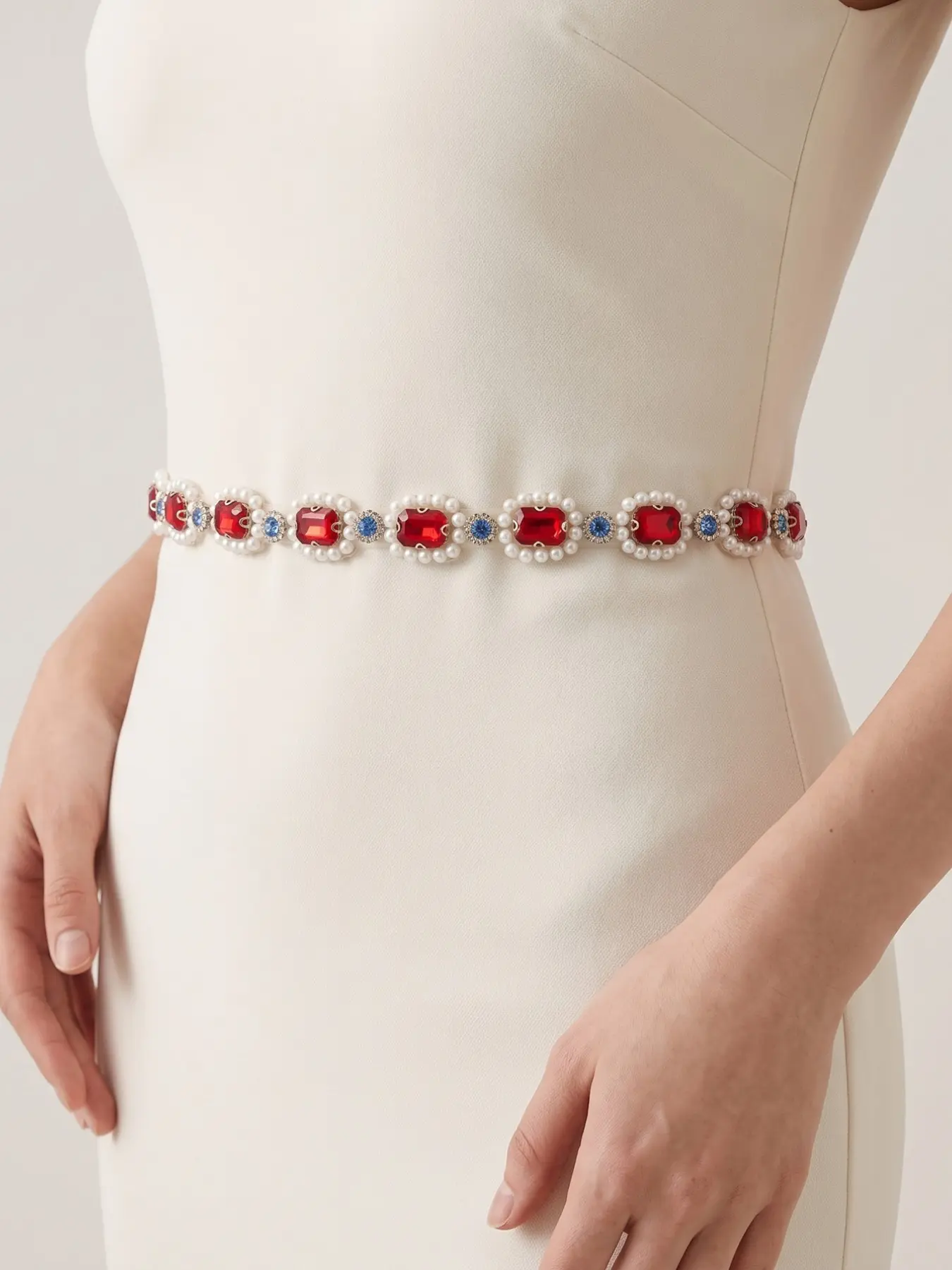 Vintage Blue Rhinestone Pearl Bride Belt, Organza Tie Waist Sash, Court Evening Party Accent Belt, Elegant Accessories