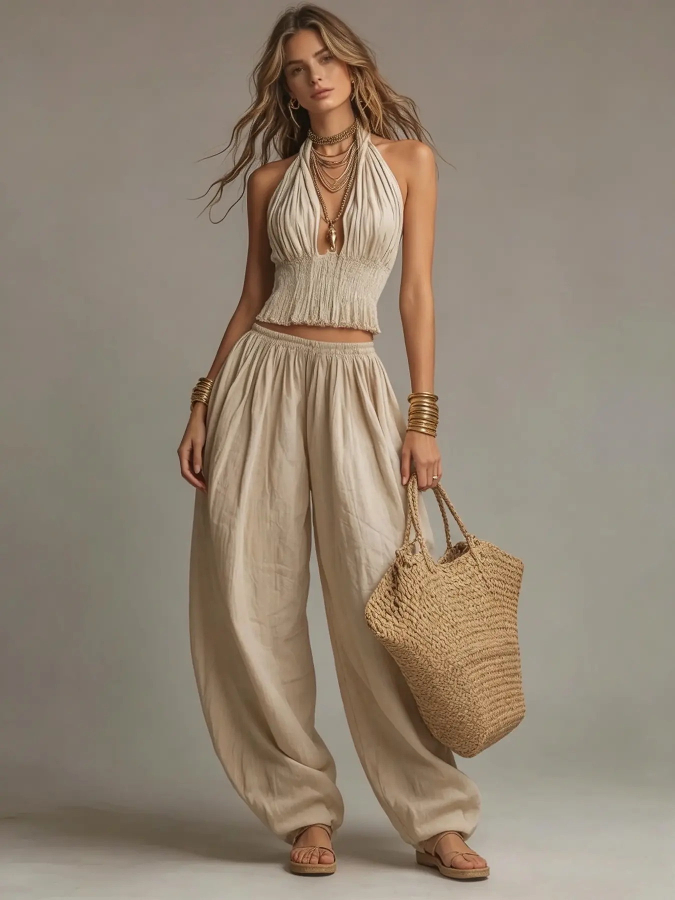 Women's Boho Style Chic Halter Neck Sleeveless Backless Top + Wide Leg Pants Set, Comfortable Loose Fit, Casual Vacation Wear, Versatile Two-Piece