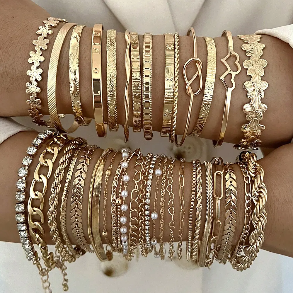 5/11/18pcs Vintage Geometric Pearl Crystal Braided Multi-Layer Stacking Metal Bracelet Set. Elegant Jewelry For Daily, Party & Holiday Gift