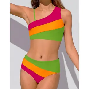 Girls Bikini Set - One Shoulder Color Block High Waisted Two Piece Swimsuit for 7-16 Year Old Preteens & Teens