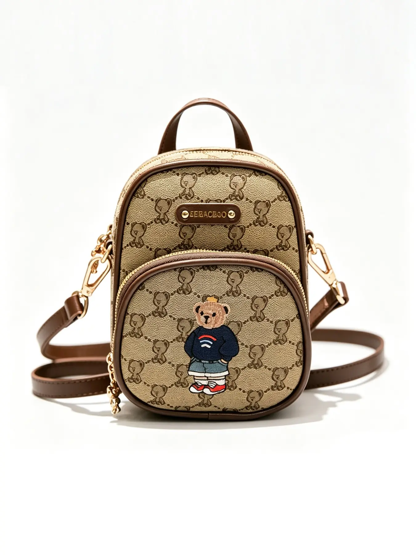 New Urban Minimalist Fashion Crossbody Shoulder Bag, Elegant Canvas Embroidery Small Bear Design, Trendy Women's All-Season Backpack