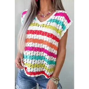Multicolour Striped Eyelet Knit V Neck Sweater Tee