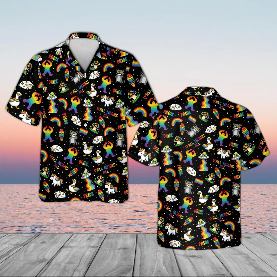 Pride Hawaiian Shirt, Y'all Means All Shirt, Rainbow Bigfoot Unicorn UFO Aloha Shirt, LGBTQ Pride Month Gift, Queer Fashion Button Down