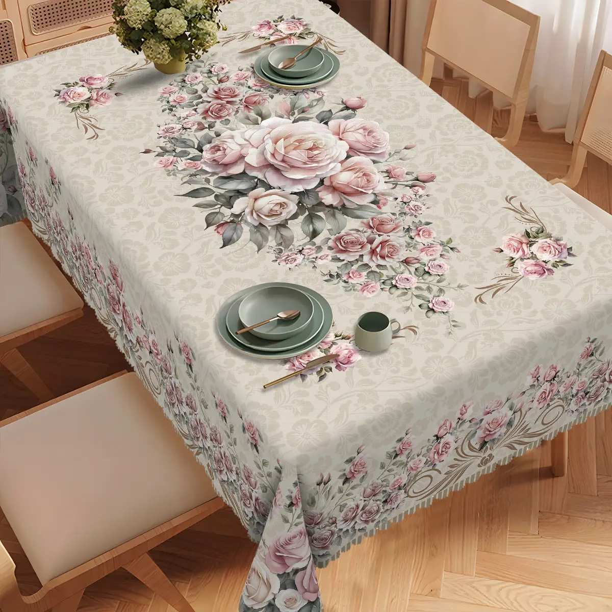 Large Pink Peony and Leaf Botanical Printed Tablecloth for Elegant Dining Room Decor polyester, washable, clearance sale