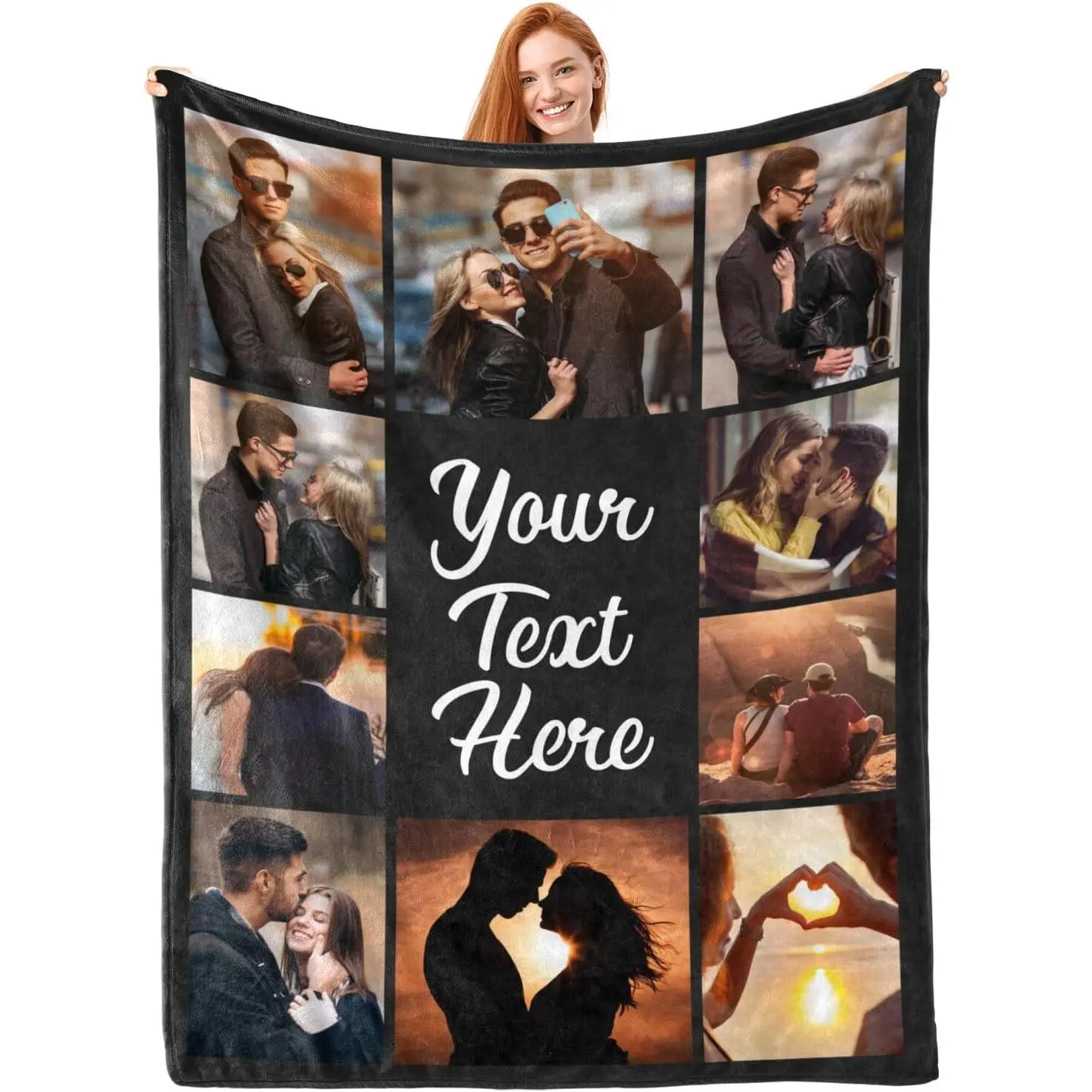 Custom 10 Photo Collage Blanket with Text Center, Personalized Couples Flannel Throw Blanket, Romantic Anniversary Wedding Gift for Him Her, Soft Cozy Memory Blanket for Couch Bed Bedroom Decor