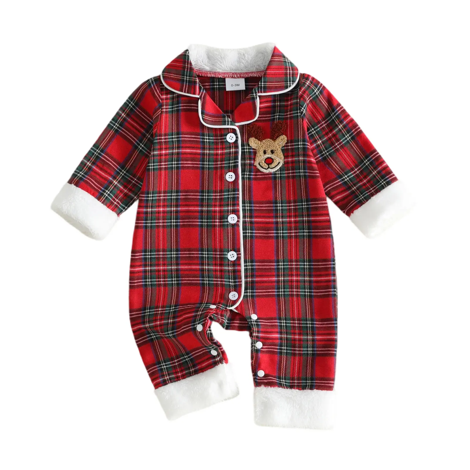 Meihuida Infant Baby Boy Girl Christmas Romper Pajamas Long Sleeve Lapel Button Up Plaid Jumpsuit Fall Winter Sleepwear 0-18 Months