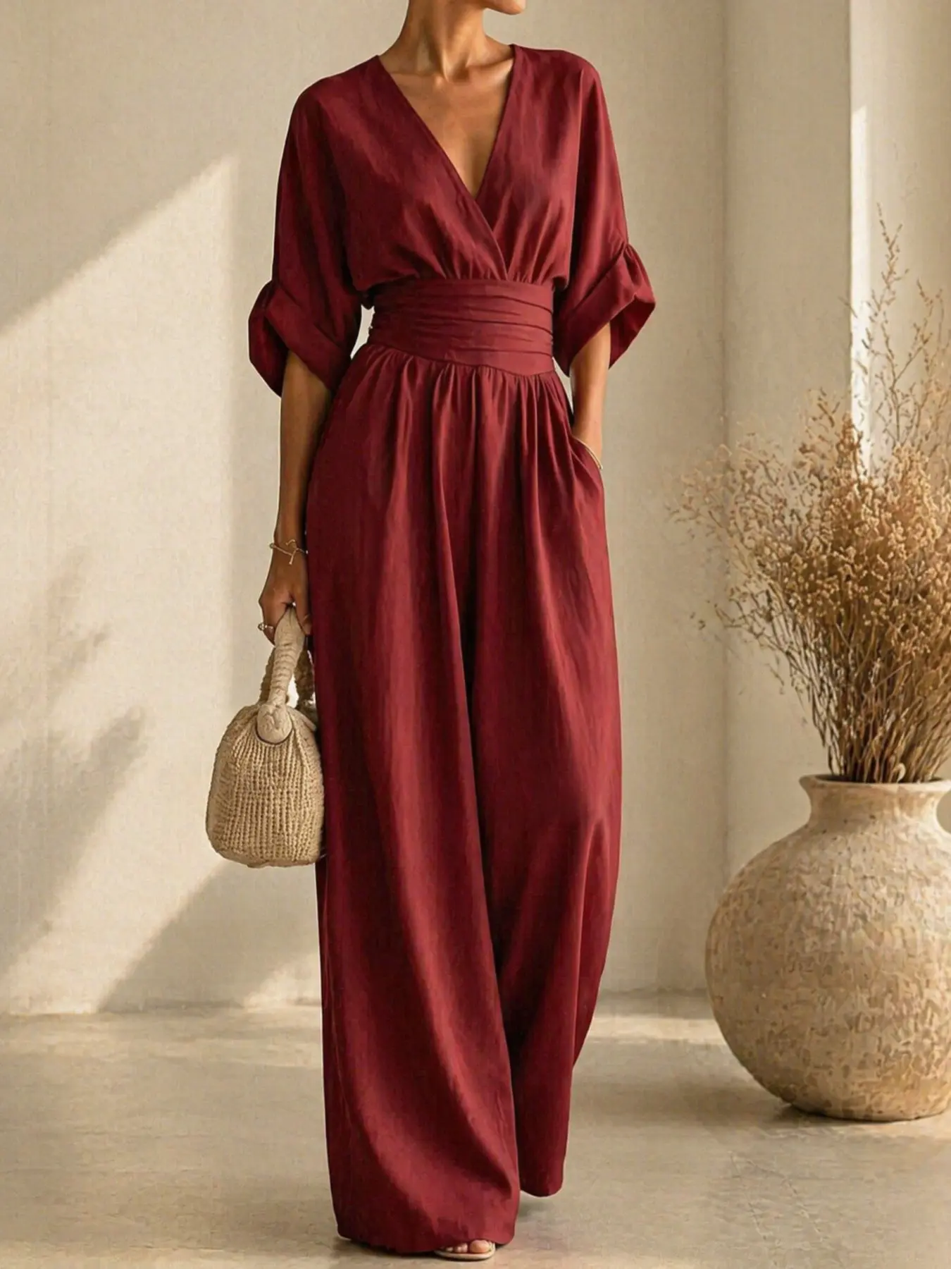 New Women's Solid V-Neck Waist-Cropped Wide-Leg Jumpsuit, Rolled Hem Mid-Arm Sleeve Side Zipper Breathable Elegant Commute Date Casual All-Match Jumpsuit