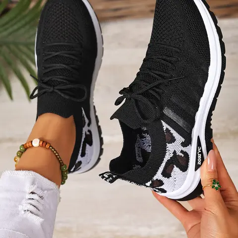Women's Leopard Print Knit Casual Sneakers – Lightweight and Breathable, Comfortable Fit, Fashionable and Versatile Casual Shoes Suitable for Walking, Traveling, and Daily Wear, Everyday Casual Sneakers