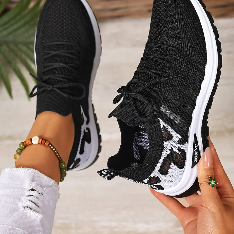 Women's Leopard Print Knit Casual Sneakers – Lightweight and Breathable, Comfortable Fit, Fashionable and Versatile Casual Shoes Suitable for Walking, Traveling, and Daily Wear, Everyday Casual Sneakers