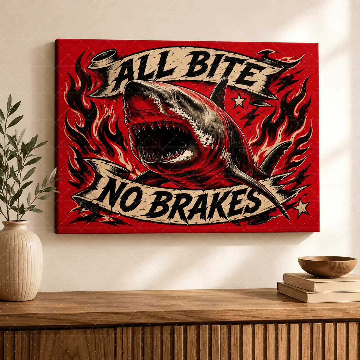 All Bite No Brakes Canvas Wall Art, Fierce Shark Poster, Bold Red Flame Motivational Wall Decor for Boys Room Bedroom Office Game Room, Poster or Wrapped Canvas,wall decor,poster.