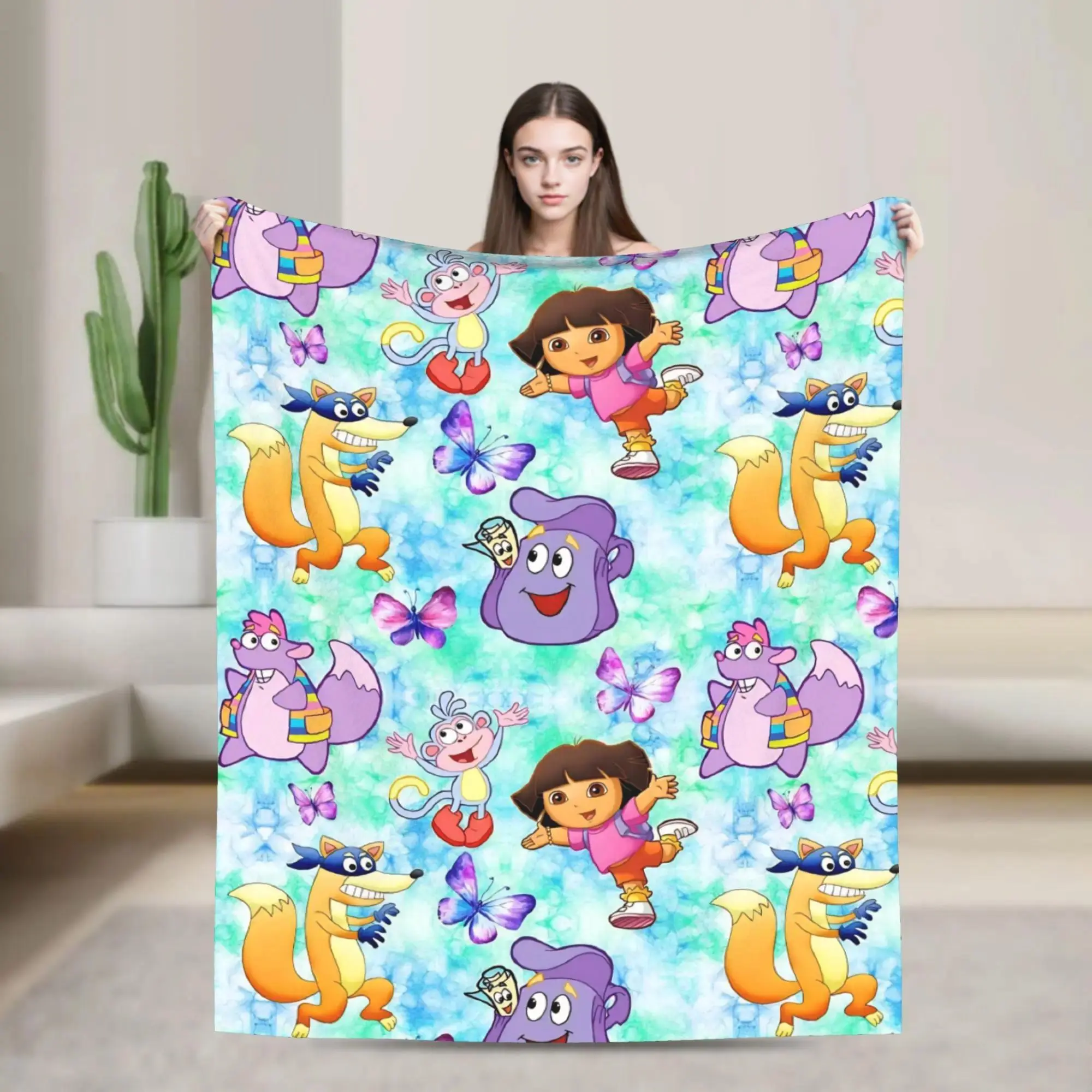 D-Dora the Explorer Character Flannel Blanket - 80 x 60 Inches, Wrinkle Resistant, Cooling, Wash Free Soft Throw for Airplane Travel, Home Decor, 80In*60In