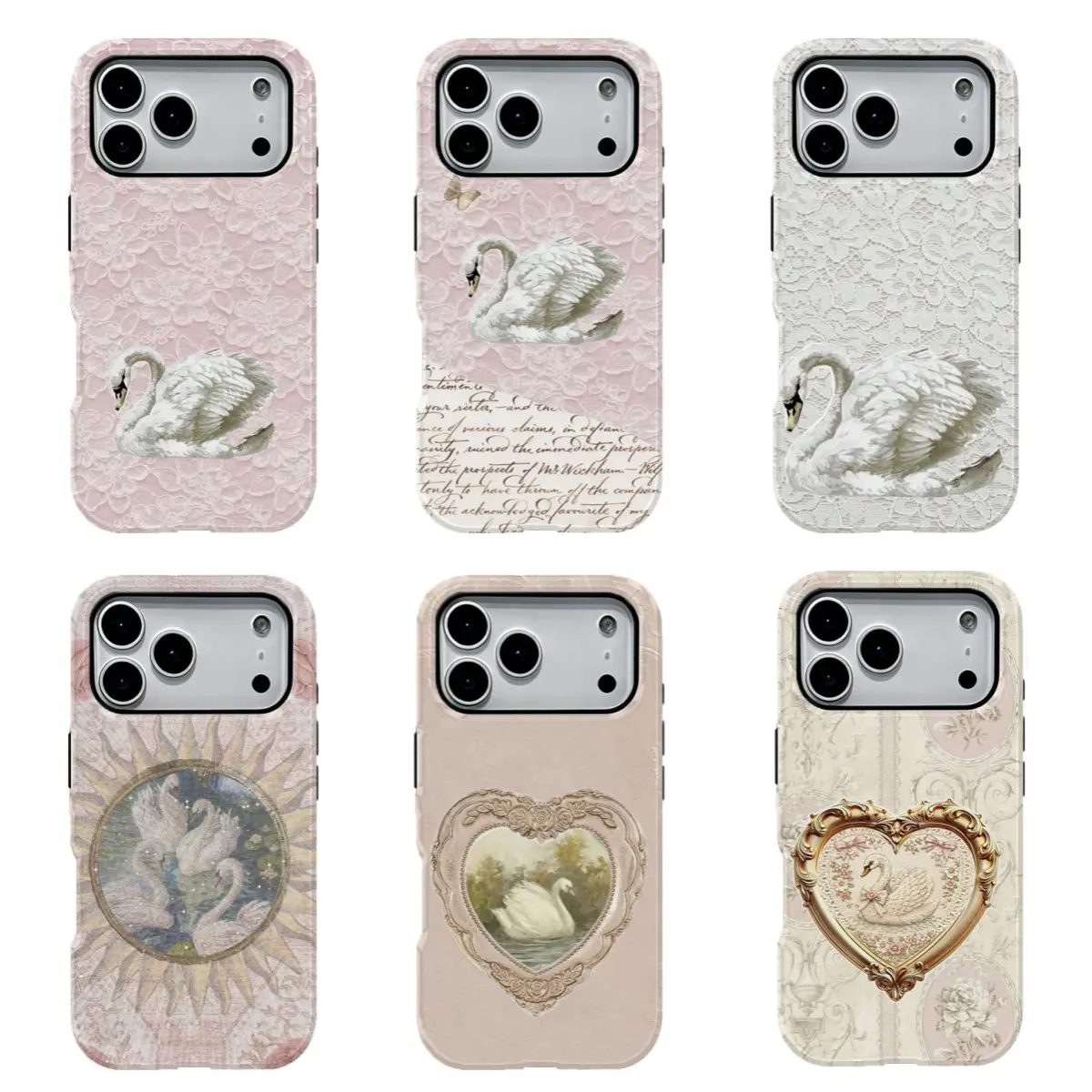 Coquette Vintage Swan Lace Phone Case Romantic Baroque Swan Art Phone Case for iPhone 17Promax 16 15 14 13 12 11 and for Samsung S21-S26 Elegant Gift for Her Girly Phone Accessory