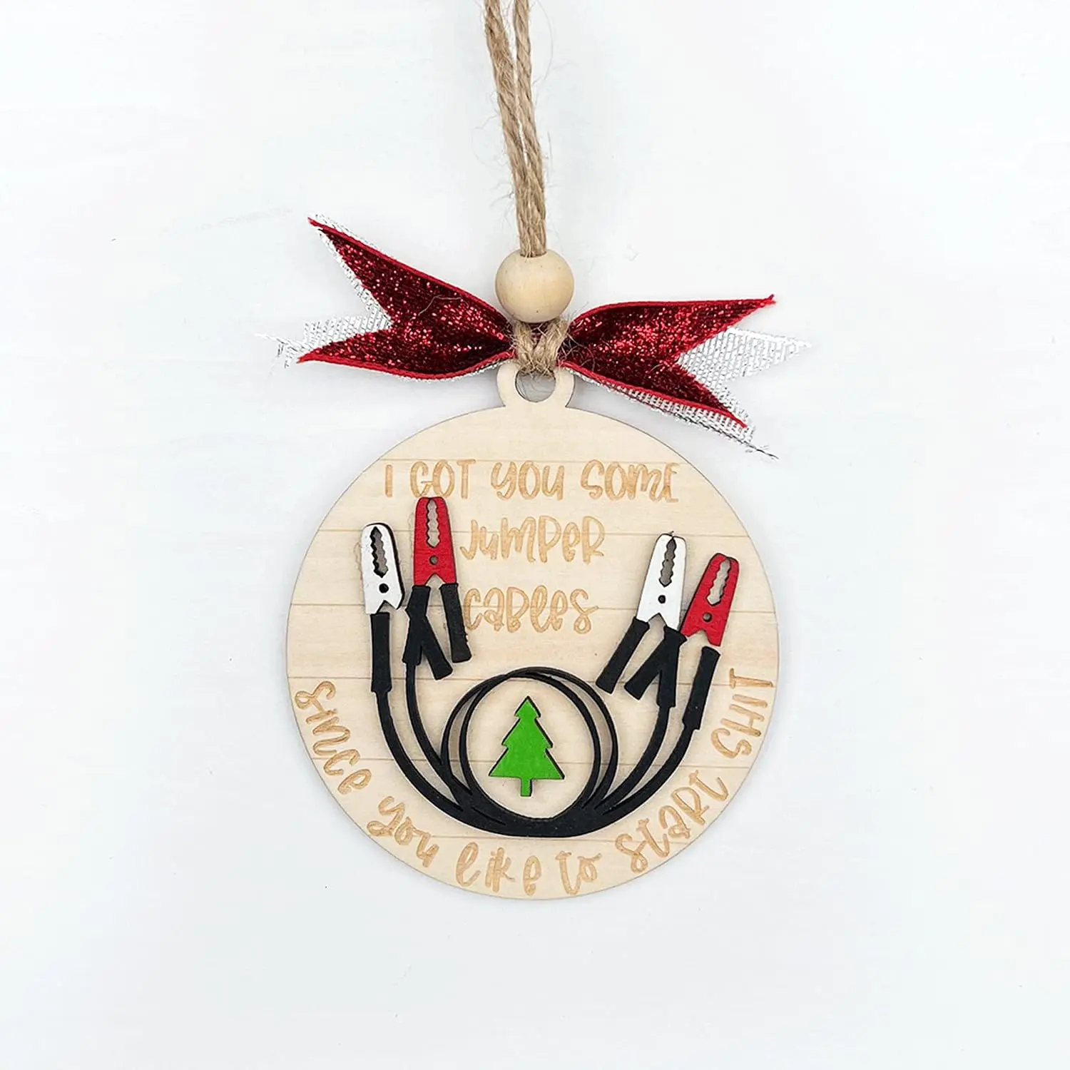Wooden Funny Christmas Ornaments. Jumper Cables,  Charms Ornaments
