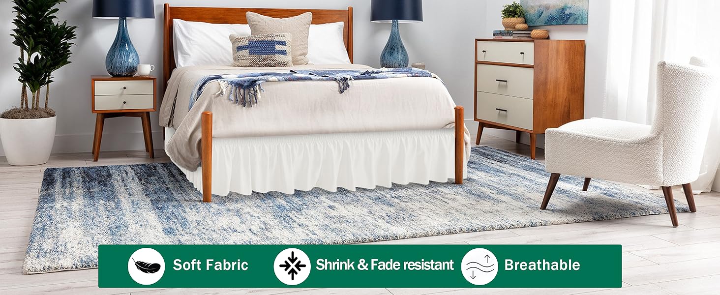 Wrap Around Bed Skirts with Split Corners for Queen Beds 15" Drop, Ivory Elastic Dust Ruffles Wrinkle Resistant Luxurious Machine Washable