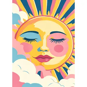5D DIY Diamond Painting Kit Retro Smiling Sun Face Pastel Cloud Boho Abstract Art Pattern, Full Round & Square Drill Rhinestone Mosaic Cross Stitch Craft Kit, Handmade Ornament Wall Art Home Decor Gift for Living Room Bedroom