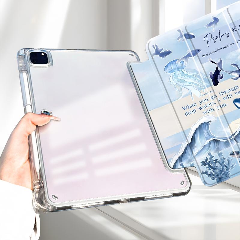 Psalm 46:5, 43:2, John 14:27 (Bible verses)  Marine life design, with adjustable stand and pen slot, foldable anti-slip TPU protective case, suitable for Samsung, iPad mini, iPad Air, iPad Pro/iPad 10th generation, 11th generation, and other iPad series