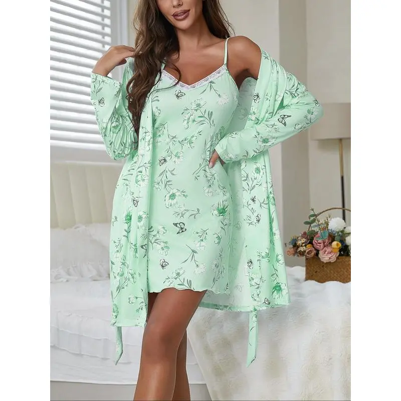 Women's Print Drawstring Robe and Camisole Nightdress Two-Piece Set, Casual Cute Women's Loungewear Set, Women's Suitable for All Seasons sleepwear dress home chic gown stylish womens soft Womenswear Long Sleeve summer