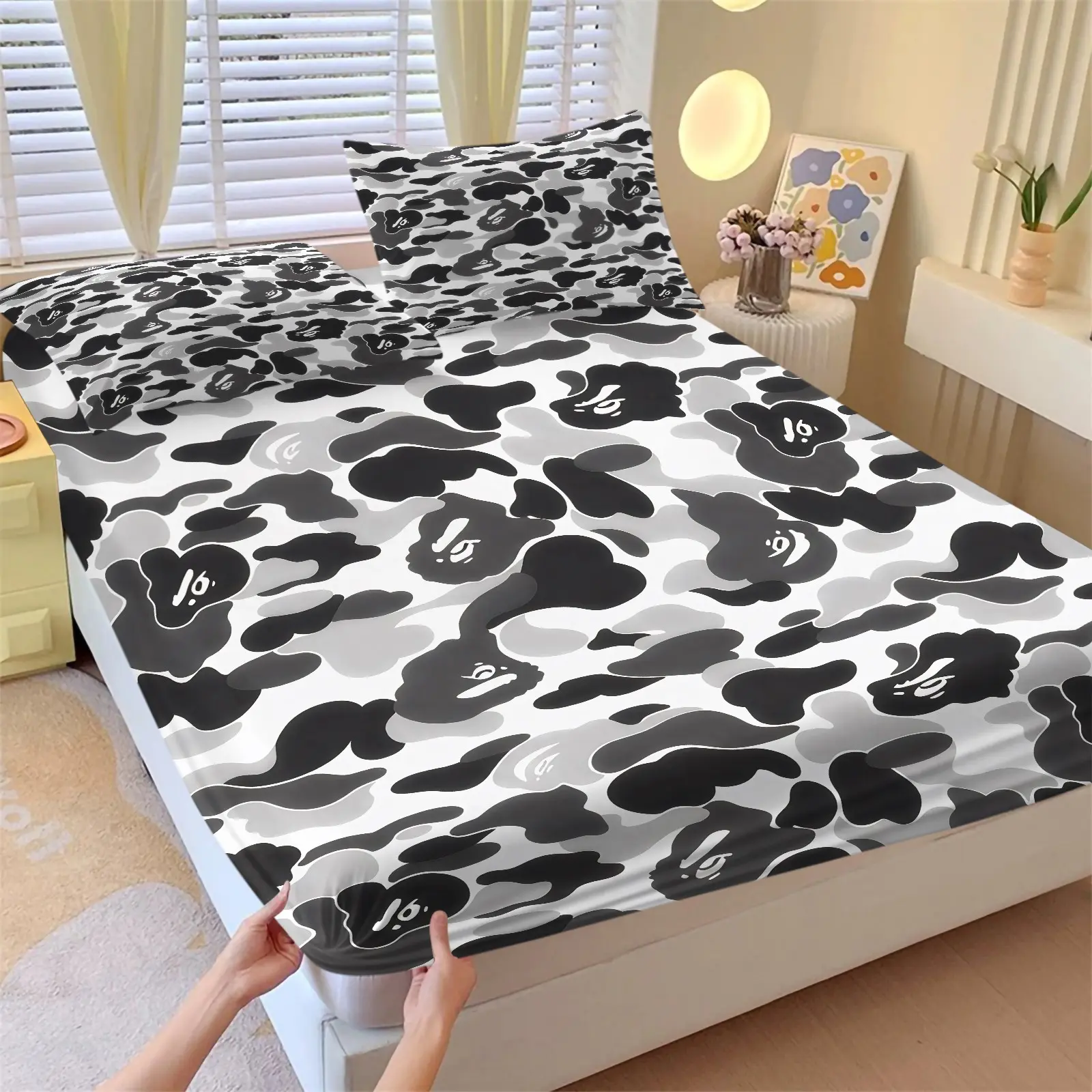 3PCS Black White Ape Head Camo Print Fitted Sheet Set (1 Fitted Sheet + 2 Pillowcases), Soft Breathable Elastic Fabric, HD Digital Print, Deep Pocket Anti-Slip Wrap Design, Trendy Streetwear Style Teen Bedroom Bedding