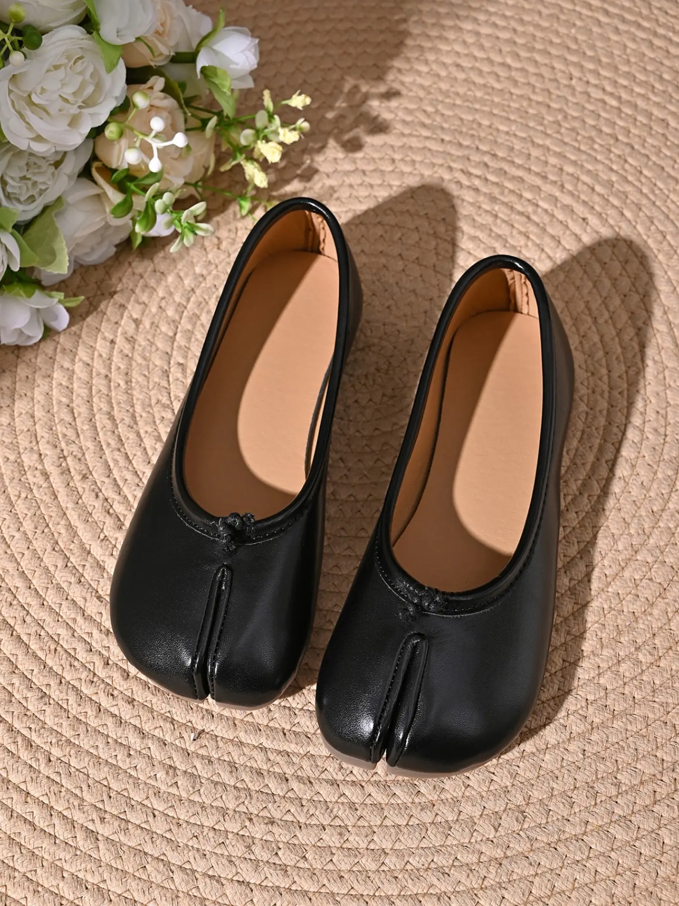 Women Split Tabi Toe Ballet Flats, Decorative Knot Soft Faux Leather Slip On Casual Flat Shoes, 7 Colors Black White Beige Yellow Silver Brown Red