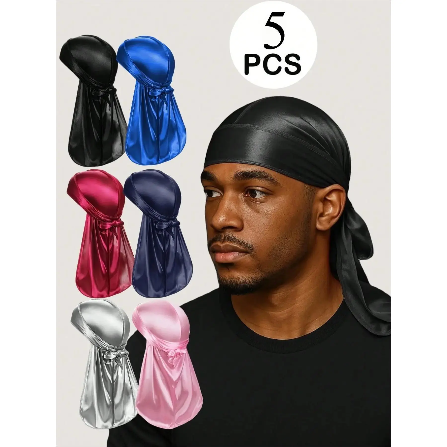 5-Pack Plain Silky Satin Unisex Durags with Extra Long Tails and Elastic Band for 360 Waves and Everyday Wear