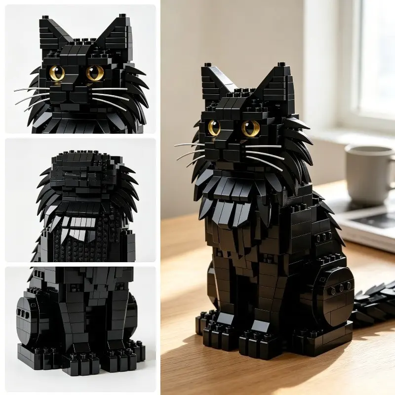 1112pcs Solid Black Long Hair Cat Building Blocks Animals, Display Collection, Creative Building Blocks, Collector Building Blocks, Desktop Figurines, Birthday Holiday Gift for Adults 14+, Back to School Detailed Pet Ornament