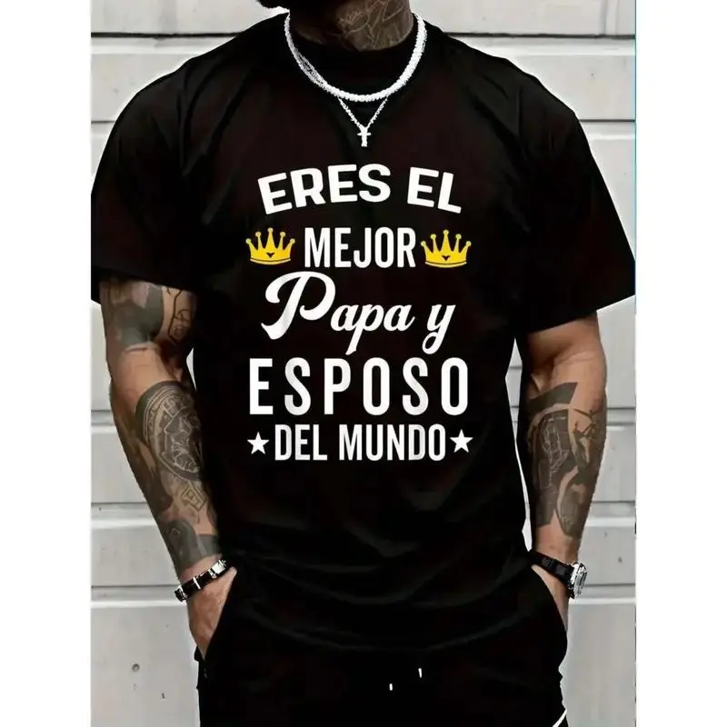 Spanish Best Husband Dad Graphic T-Shirt Yellow Crown Star Accent Multi Font Slogan Casual Black Short Sleeve Tee Gift For Latino Papa Father’s Day