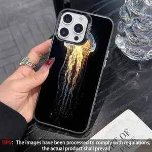 Dark Background Glowing Golden Jellyfish Deep Sea Macro Phone Case for iPhone 17 Pro Max 16E 16 15 14 Plus 13 Mini 12, Matte Shockproof Protective Cover, Minimal Mystic Ocean Daily Accessory