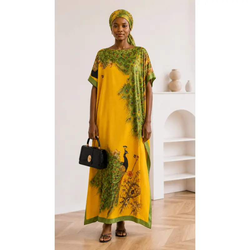 Women's Peacock Print Satin-Feel Woven Cape Shawl & Scarf Set - Lightweight, Easy to Move In Plants-Accent Caftan Beach Cover-Up for Cruise Resorts, All-Seasons Casual Wear, Cruises, Female, Scarf Print, 2-In-1 Shawls, Cloth Shawls