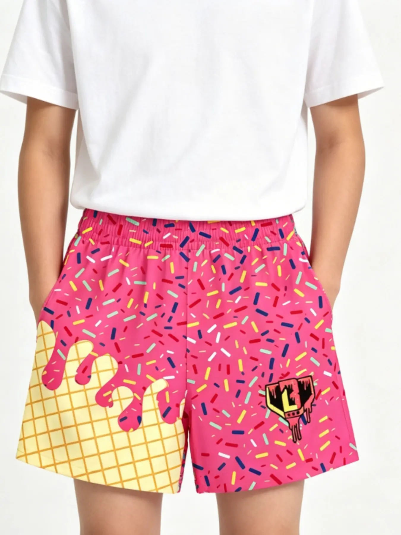 Kids Colorful Sugar Sprinkle Waffle Ice Cream Print Casual Shorts, Boys Elastic Waist Summer Beach Pocket Short Pants