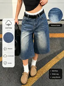 Washed Blue Wide Leg Jeans, Cute Four-Season Loose Fit Slimming Commuter Casual Straight Leg Seven-Eighths Denim Jeans Pants for Women