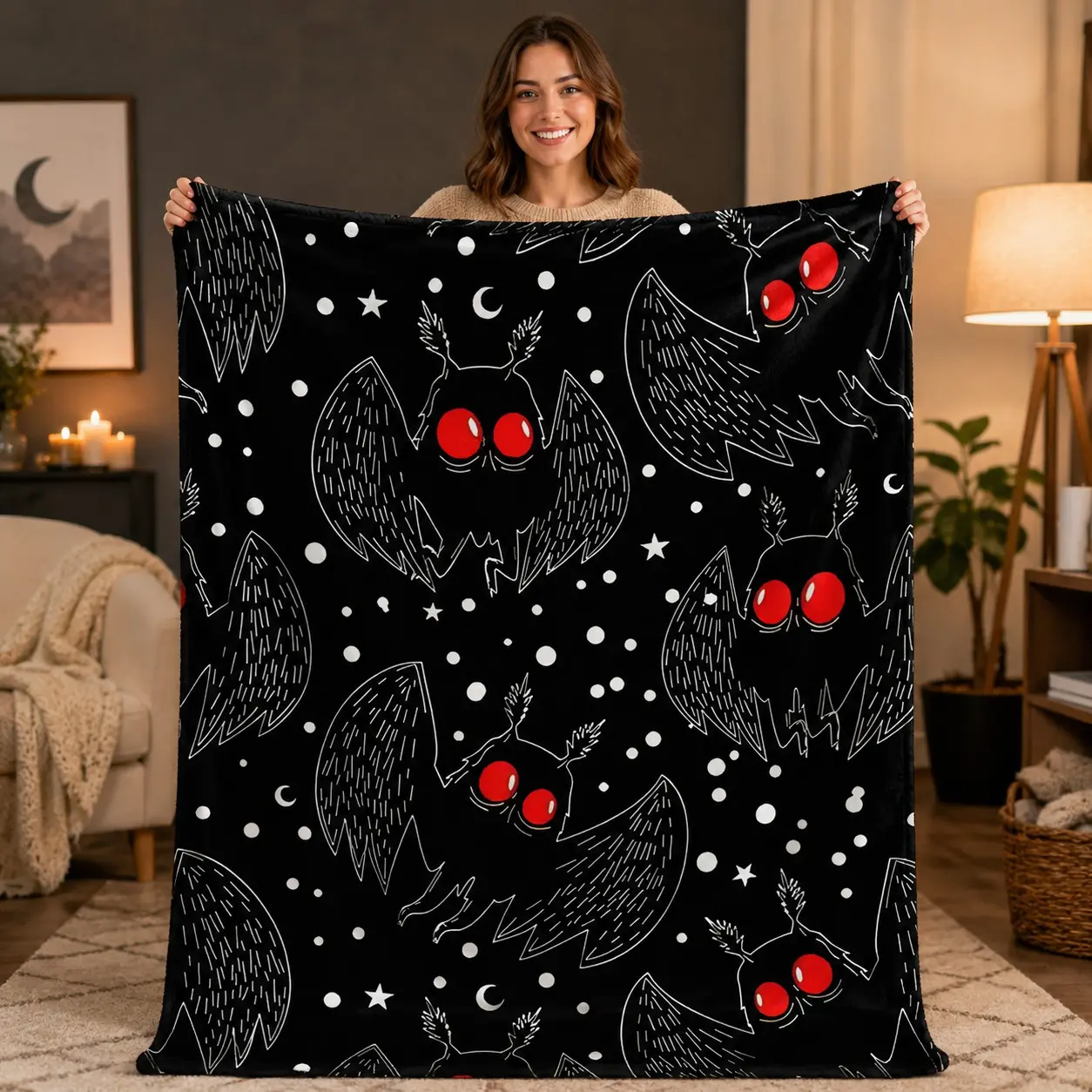 1pc Dark Mothman Halloween Fleece Blanket, Black Background White Line Red Eyed Moth Star Moon Dot All Over Print. Soft Warm Multi-use Throw for Sofa, Bed, Office, Game Room, Music Space, Camping Trip, Ideal Halloween & Birthday Gift.