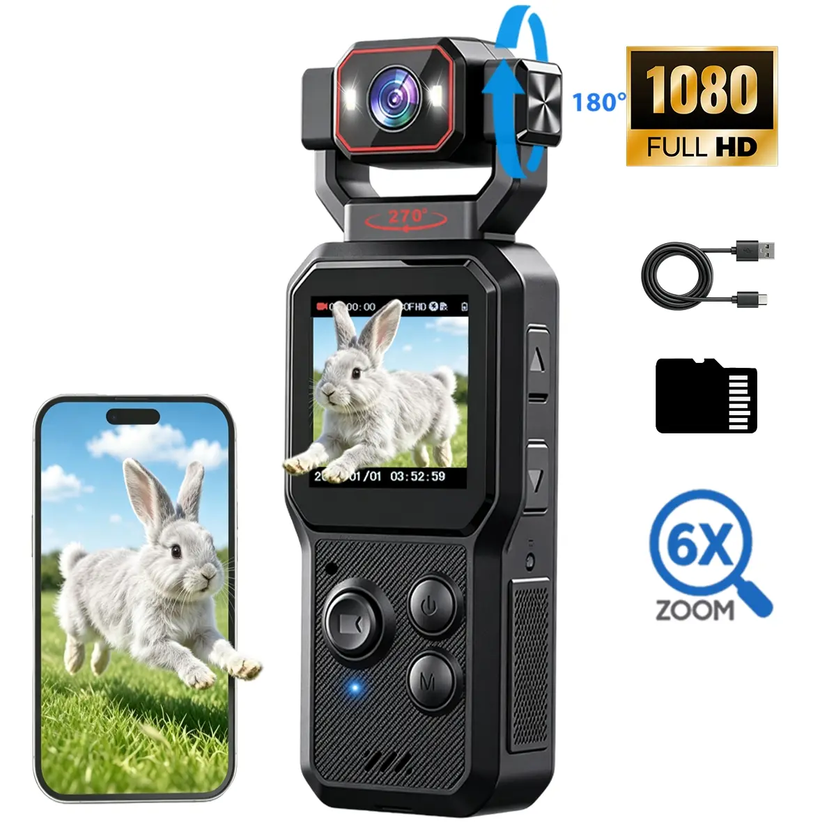 Vlogging Camera, Video Recorder, 1080P Digital Sport Camera with 180° Rotating Lens, Full Body Camera for Vlogging, Travel & Daily Life Recording, Modern Gadget, Durable Construction