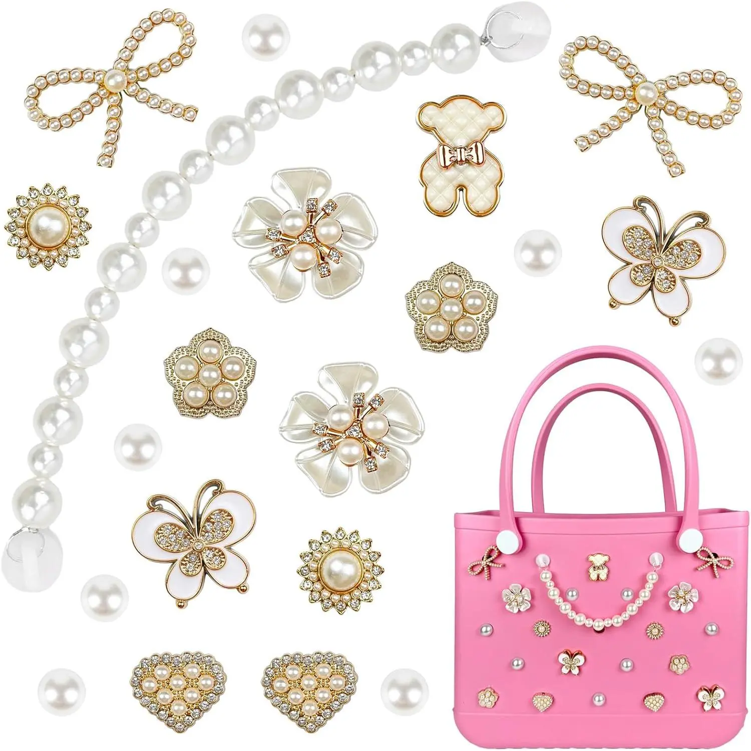 Bogg Bag Charms - Decorative Flower Bow, Pearls & Chain Set with Plastic Resin Press Button, Must-Have Fashion Accessory for Women’s Rubber Tote Bags, Beach Pool Simply Southern Totes