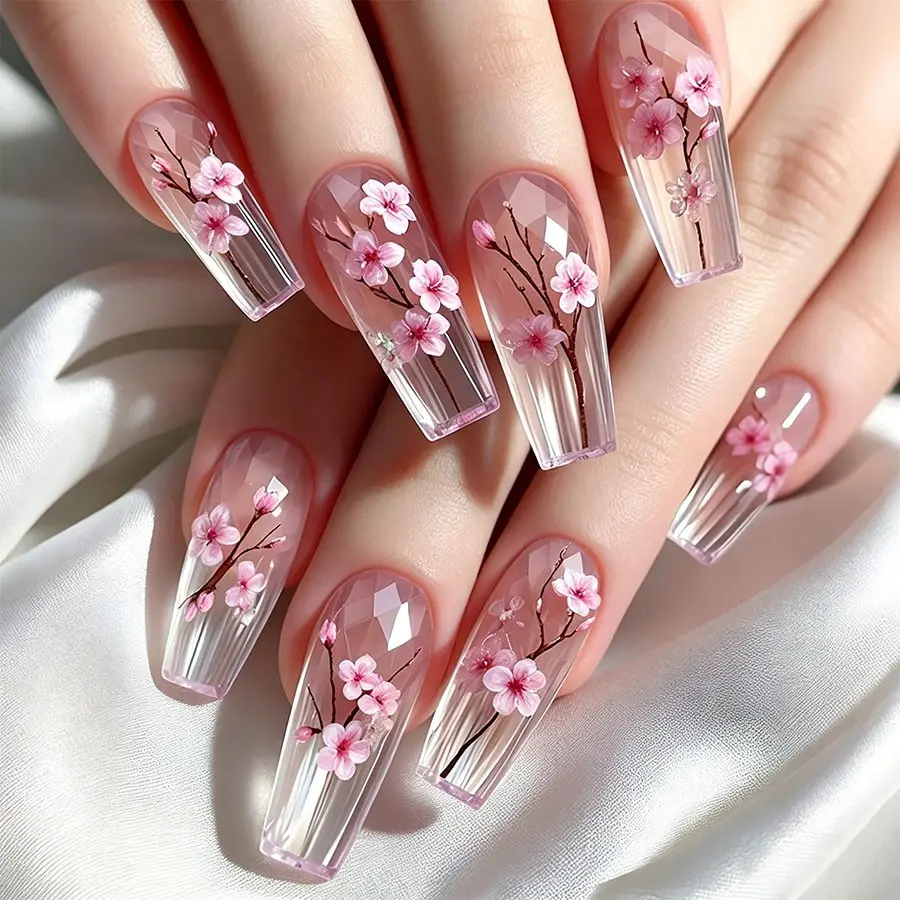 24pcs Long Coffin Press on Nails, Transparent Crystal Cherry Blossom Design, 3D Hand-Painted Sakura Fake Nails, Ultra-Thin Glue on Nails, Decorative Nails